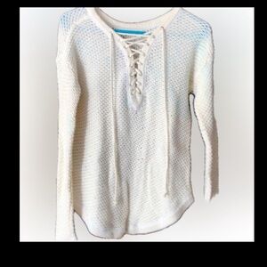 Cream Lace-Up knit mesh top SIZE SMALL